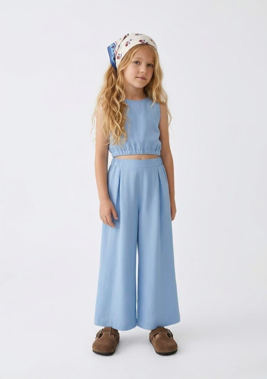 LA'CIEL KETEN CROP BLUZ PALAZZO PANTOLON TAKIM (MAVİ)