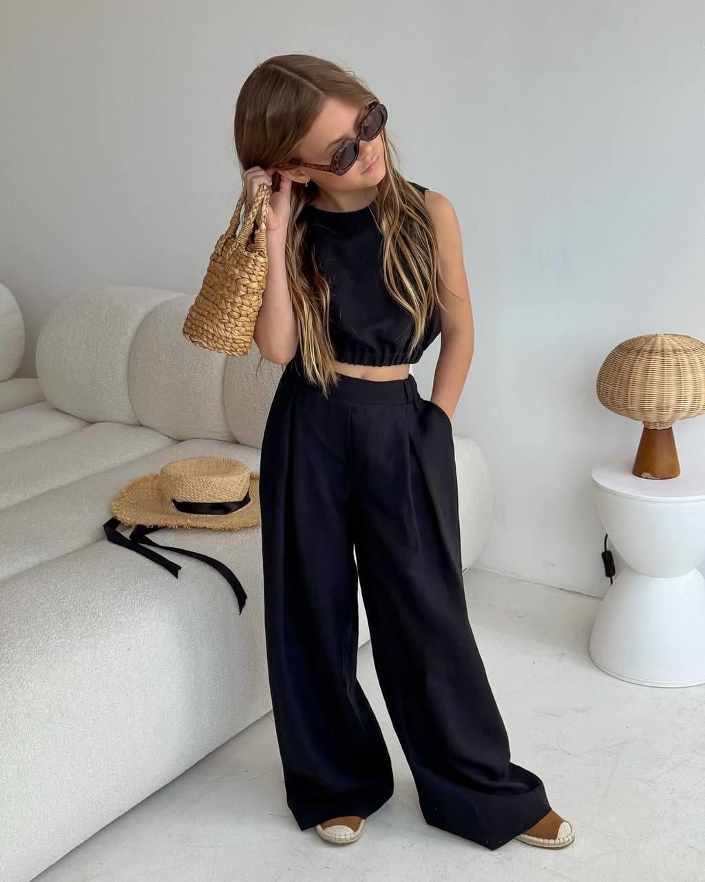 LA'CIEL KETEN CROP BLUZ PALAZZO PANTOLON TAKIM (SİYAH)
