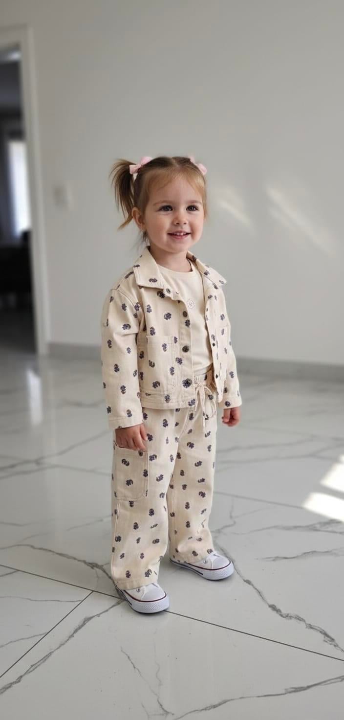 ÇİÇEK DESENLİ DENİM CEKET-PANTOLON-TSHIRT 3LÜ TAKIM1