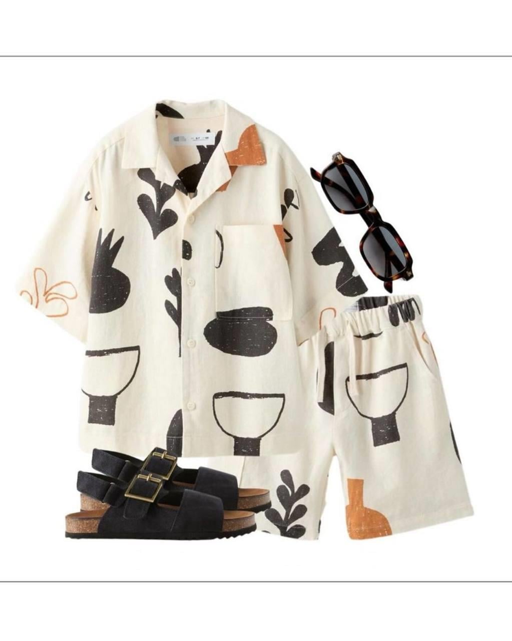 Desenli Keten Gömlek Şort Takım