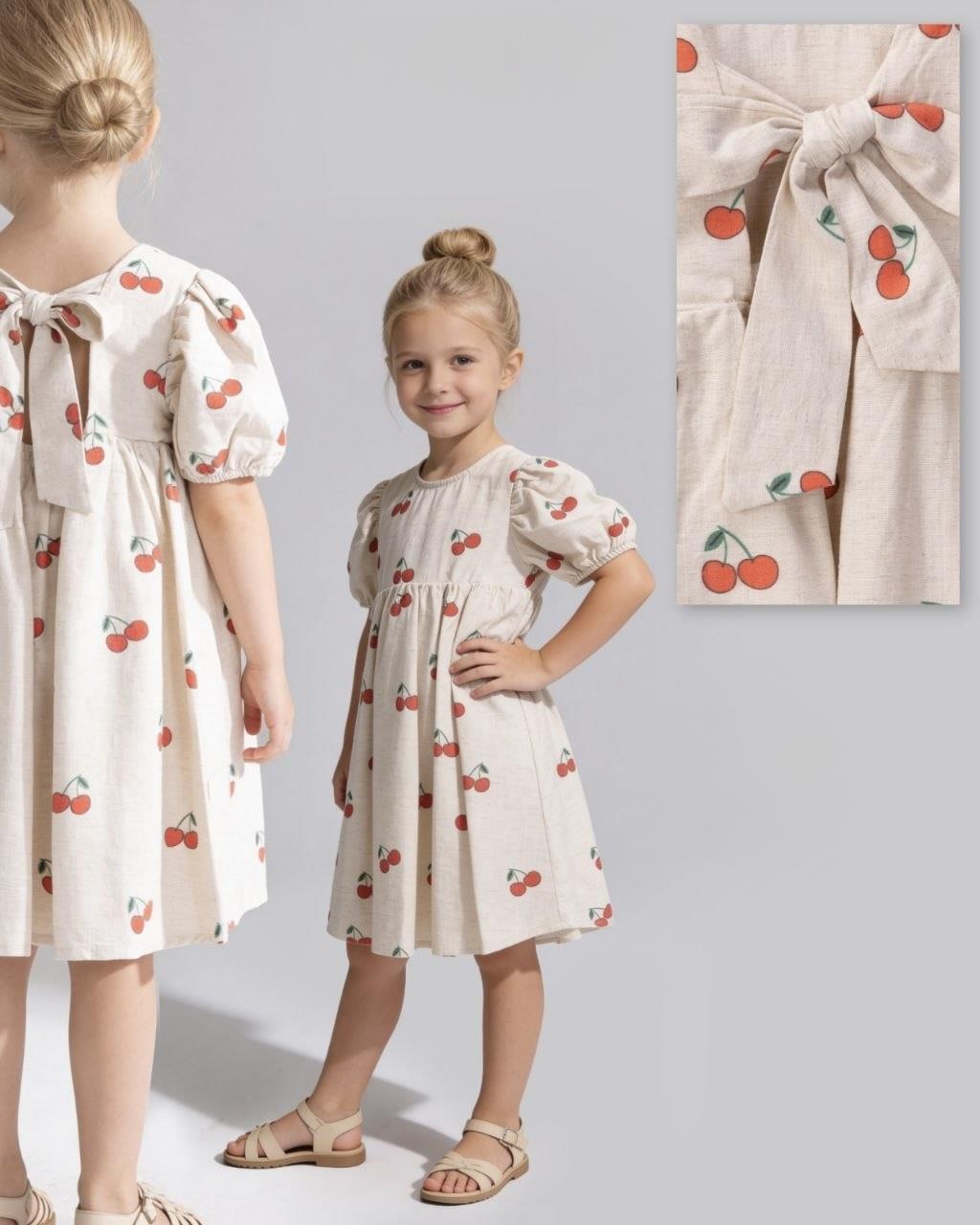 KİRAZ DESENLİ KETEN ELBİSE