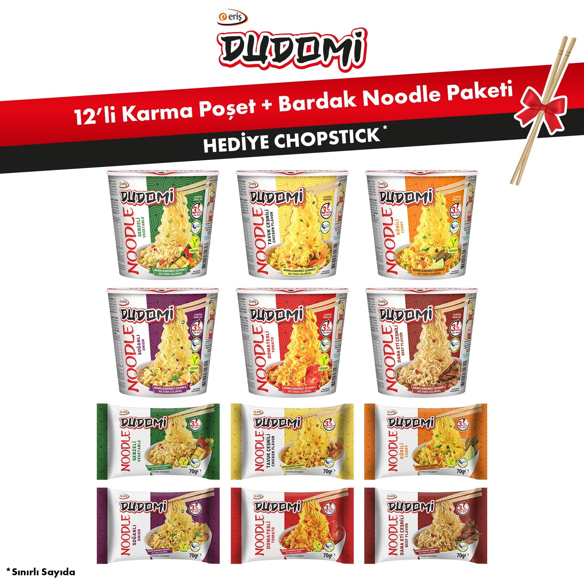 Dudomi 12'li Karma Poşet+Bardak Noodle Paketi + Bambu Chopstick Hediye!