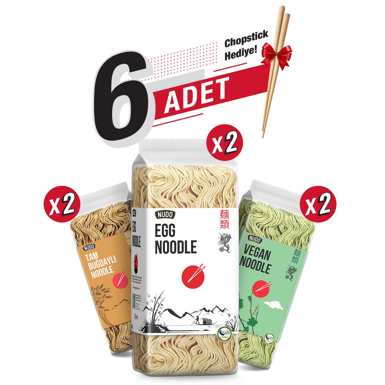 Nudo 6'lı Karma Paket (Egg Noodle, Vegan Noodle, Tam Buğdaylı Noodle) + Bambu Chopstick Hediye!