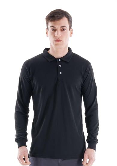 Regular Polo Pike Uzun Kol T-Shirt Siyah