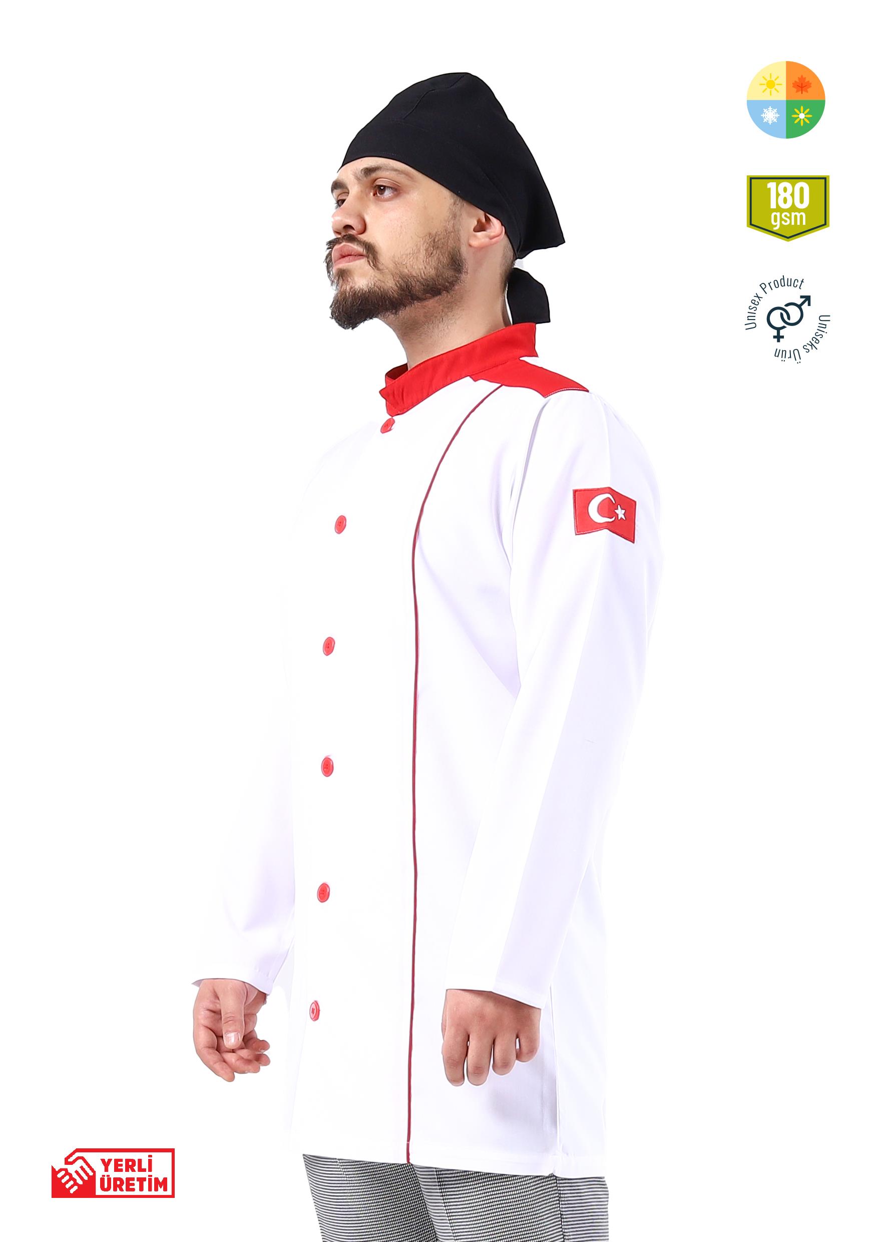 Turkish Aşçı Ceketi Beyaz-Kırmızı, Turkish Aşçı Ceketi Beyaz-Kırmızı - Concept Alina (İş Elbisesi, İş Kıyafetleri, Yanmaz İş Elbisesi, Yanmaz İş Kıyafeti, Alev Almaz İş Elbisesi, Toptan, Üreticileri, İmalatçıları, Konya, İstanbul, Kocaceli, Gebze), Aşçı-Garson Kıyafetleri