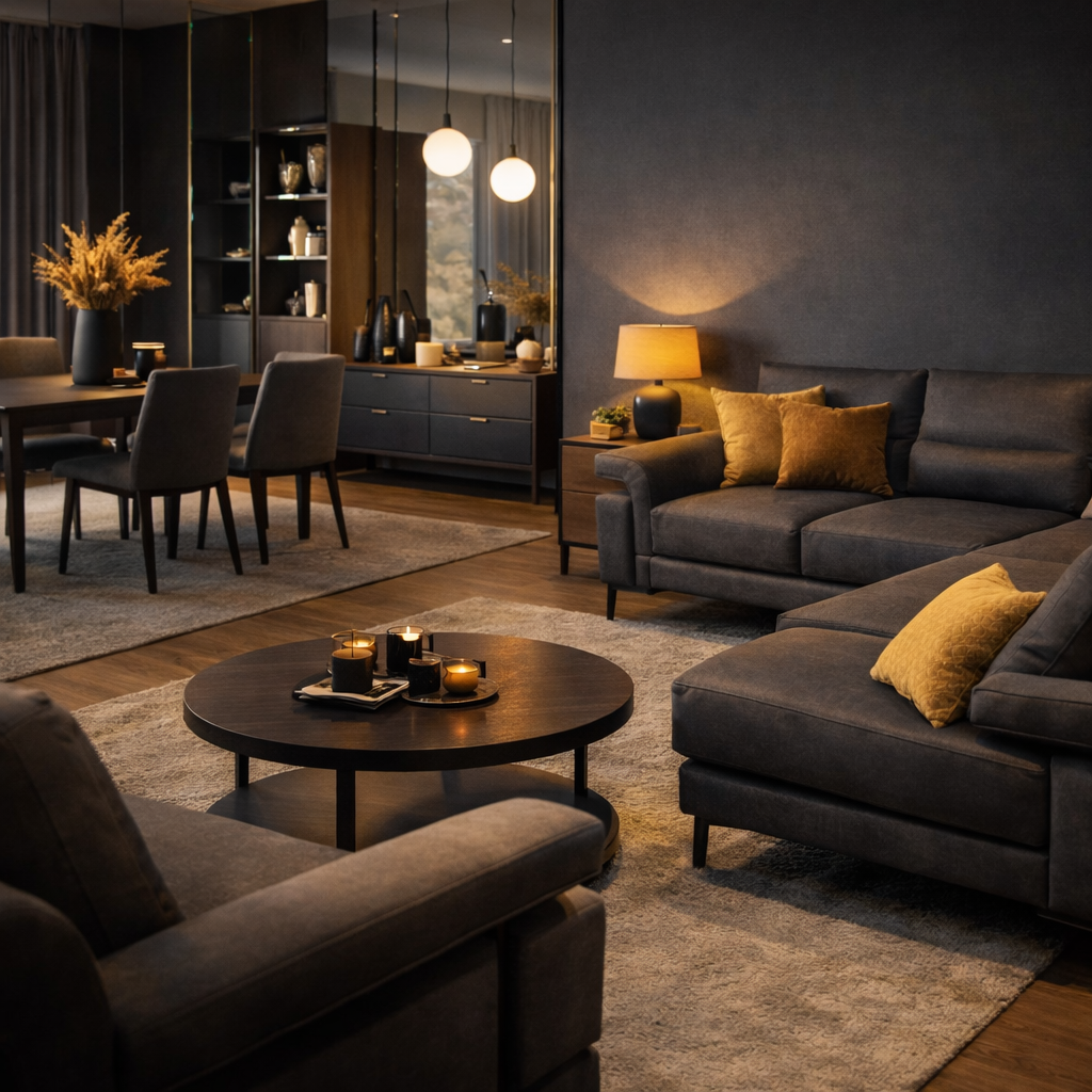 Antrasit tonlarda modern salon ve yemek odası dekorasyonu önerileri