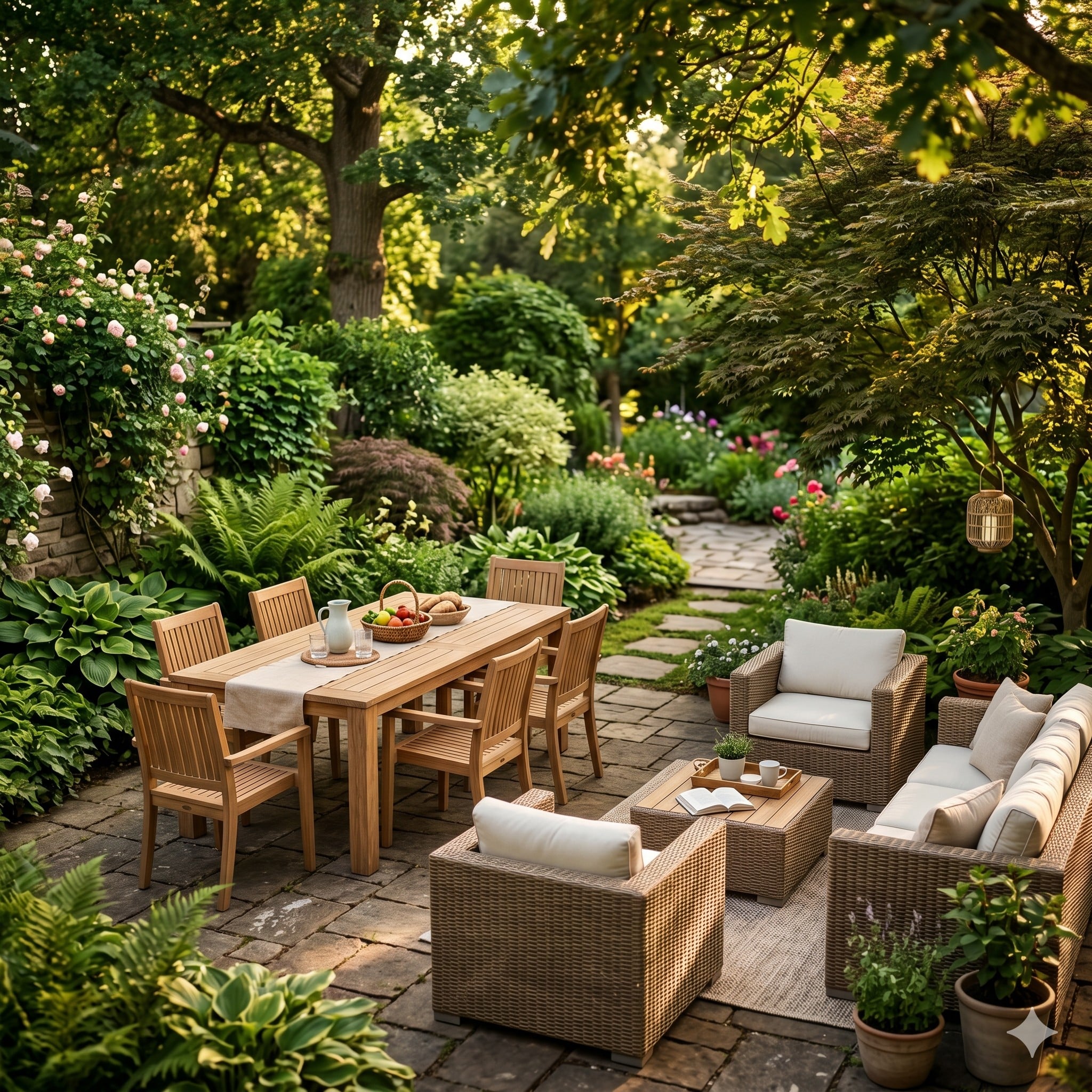 Tik ağacı yemek masası ve rattan oturma grubuyla döşenmiş yeşil bahçe, öğleden sonra güneş ışığında şık ve dayanıklı dış mekan mobilya düzenlemesi