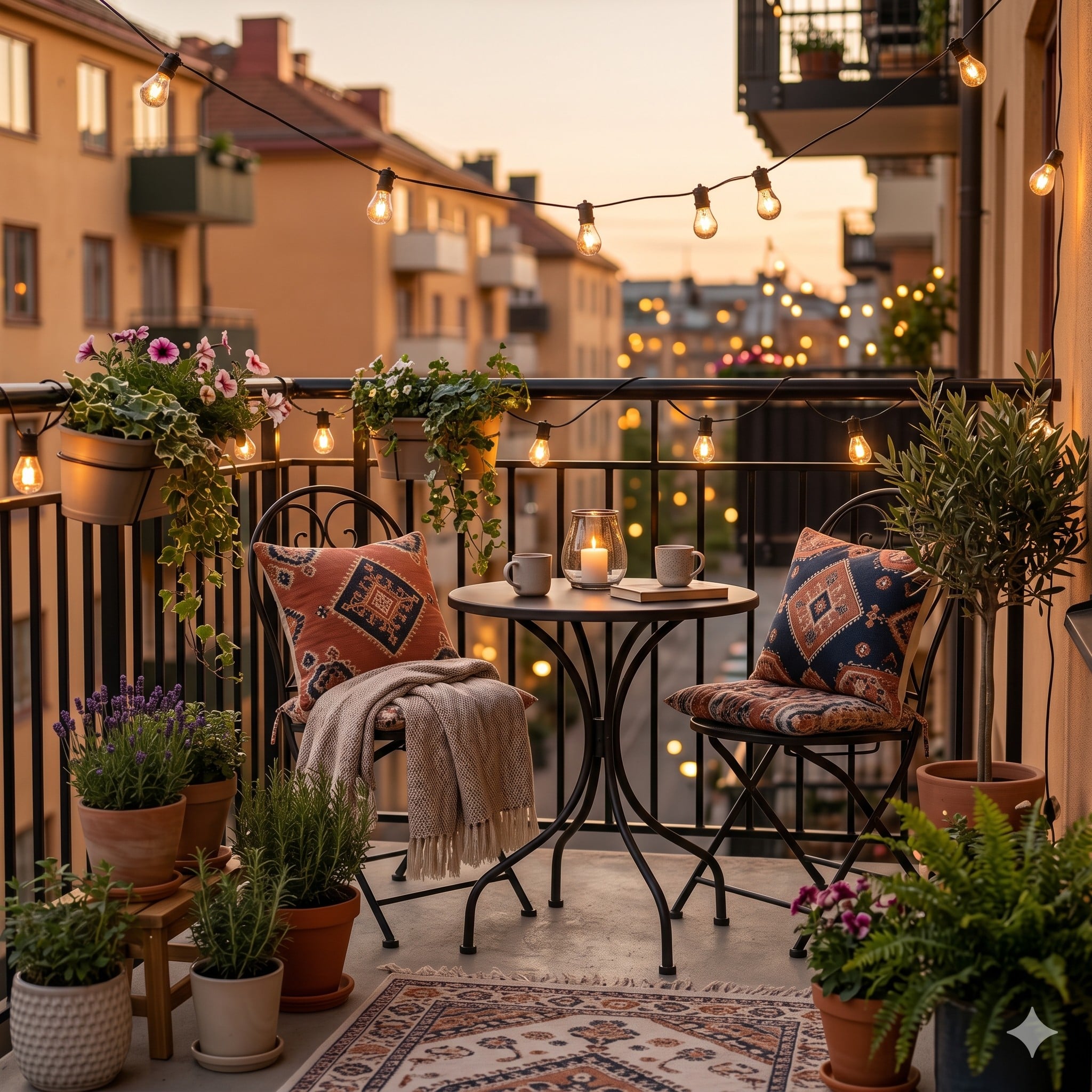 Bistro masa ve sandalyeler, saksı çiçekler ve ip aydınlatmalarıyla dekore edilmiş şık ve sıcak küçük apartman balkonu, akşam ışığında davetkar açık hava yaşam alanı