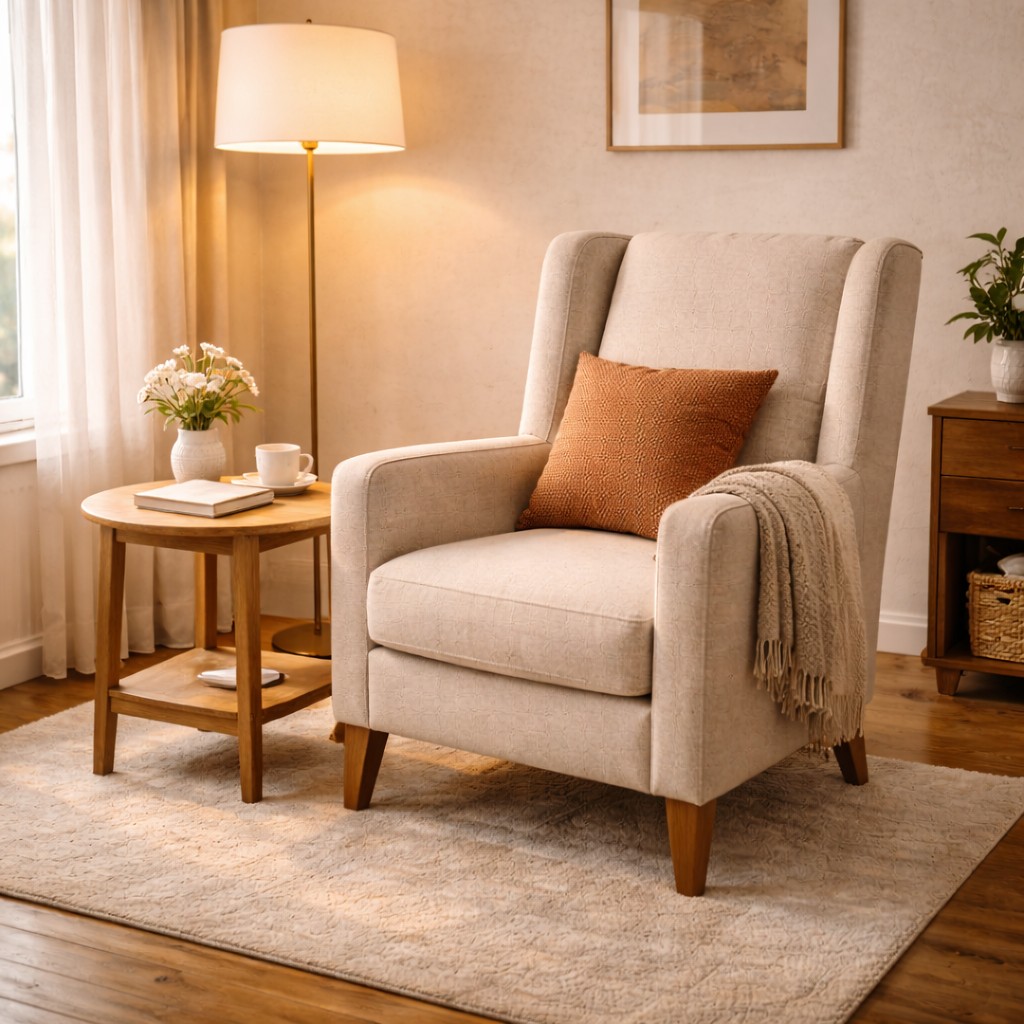 Sıcak tonlarda kumaş döşemeli şık bir berjer koltuk, zemin lambası ve kitap olan huzurlu bir okuma köşesi