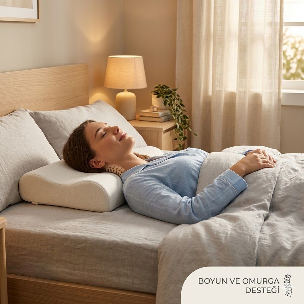 Ergonomik servikal destek yastığında huzurla uyuyan kişi, doğru boyun ve omurga hizası, ortopedik uyku desteği konsepti, sıcak ışıklı dinlendirici yatak odası atmosferi