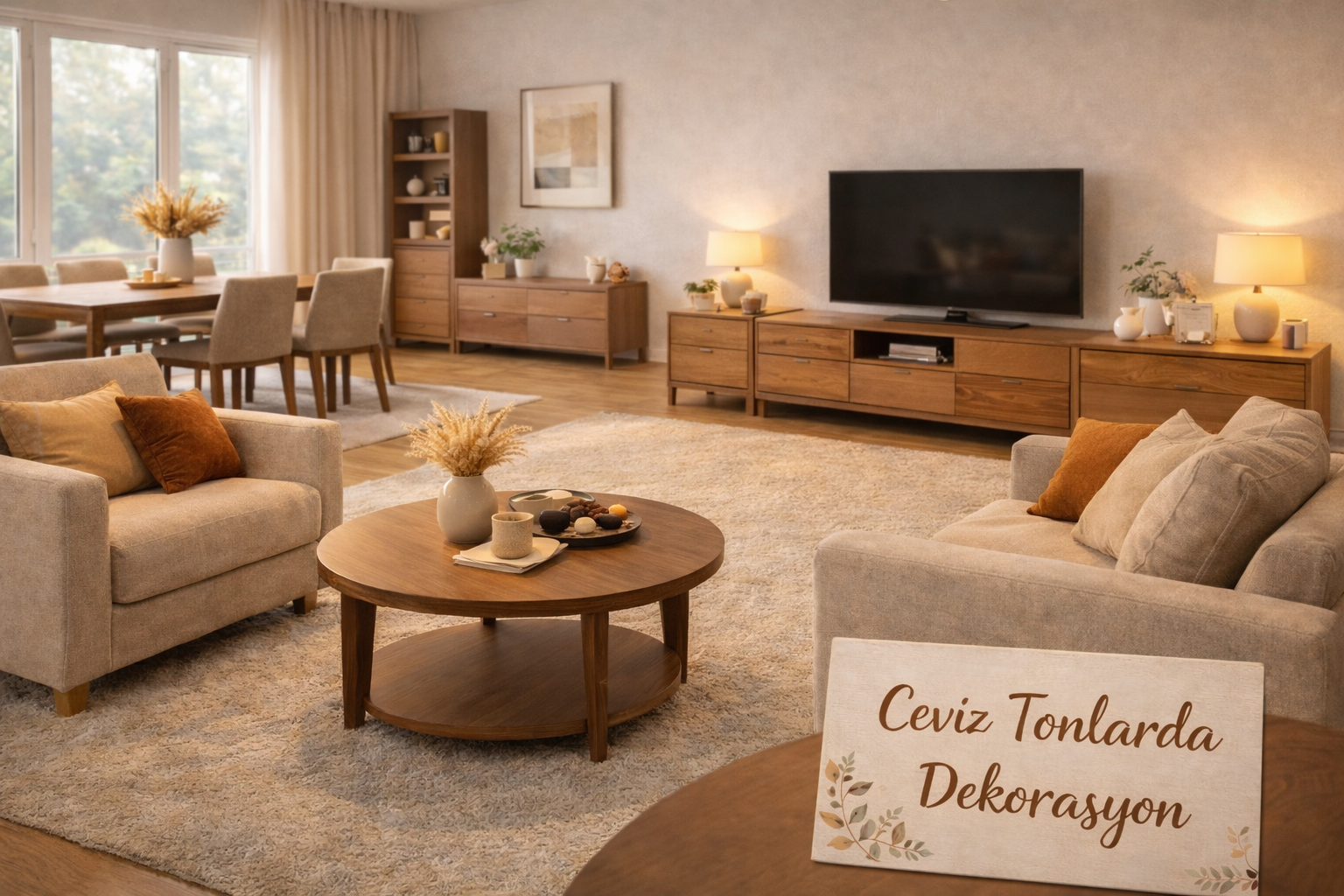 Ceviz Ahşap Tonlarının Hakim Olduğu Sıcak ve Şık Salon Dekorasyonu