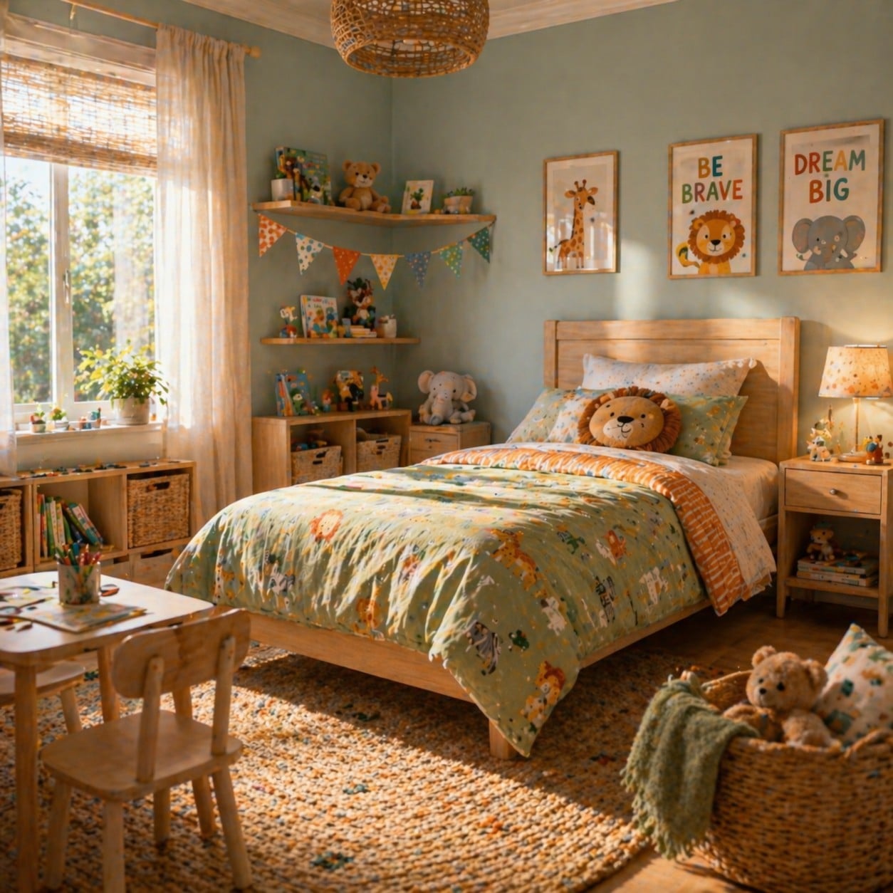 Pastel tonlu duvarlara sahip neşeli ve sıcak bir çocuk odası, ahşap mobilyalar ve renkli nevresimlerle doğal ışıklı uyarıcı atmosfer
