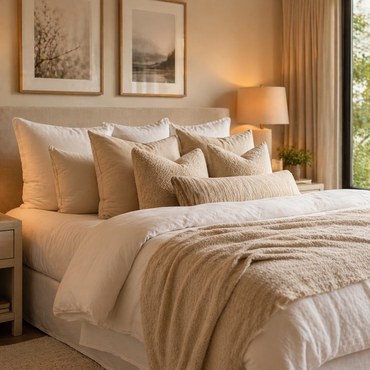 Farklı sertlik ve boyutlarda yastıklarla düzenlenmiş şık bir yatak, nötr tonlarda sıcak ve dinlendirici yatak odası atmosferi