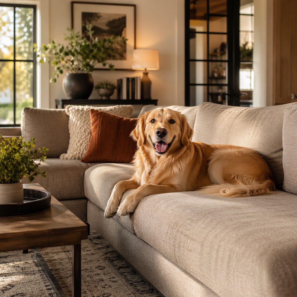 Dayanıklı kumaş koltukta uzanan mutlu bir köpek, doğal ışıklı sıcak ve şık evcil hayvan dostu salon atmosferi