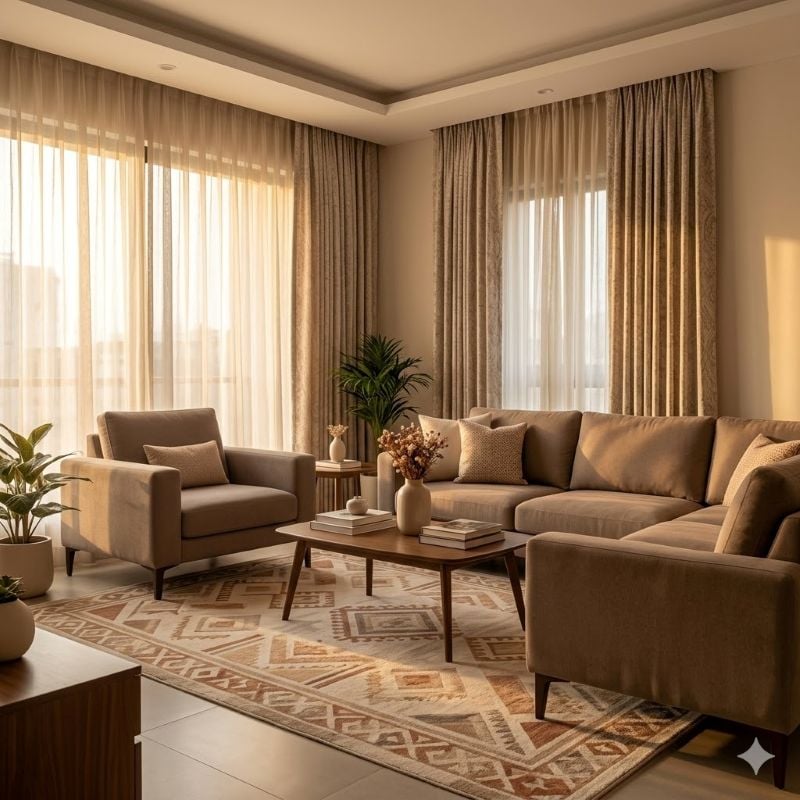 Desenli halı, zarif perdeler ve uyumlu koltuk takımından oluşan kusursuz koordineli salon, sıcak doğal ışık ve nötr tonlarda sofistike iç mekan dekorasyonu