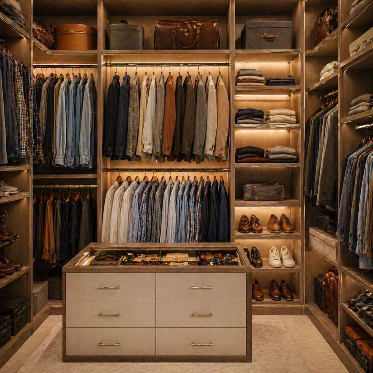Askı rayları, katlanmış kıyafet rafları, ayakkabılık ve aksesuar çekmeceleriyle kusursuz organize edilmiş gardırop içi, sıcak aydınlatmalı temiz ve verimli depolama tasarımı