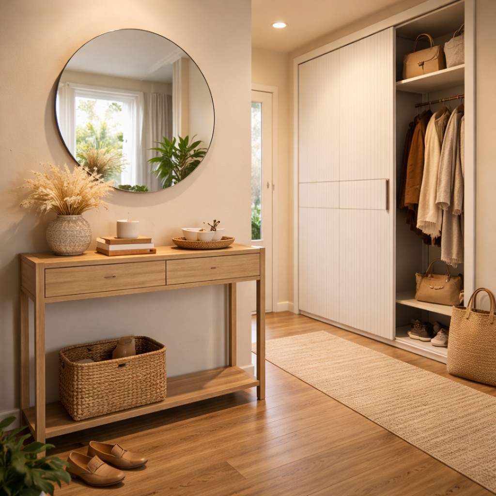 dar ve karanlık antreleri ferah gösteren aynalı dresuar ve kapalı portmanto dekorasyonu