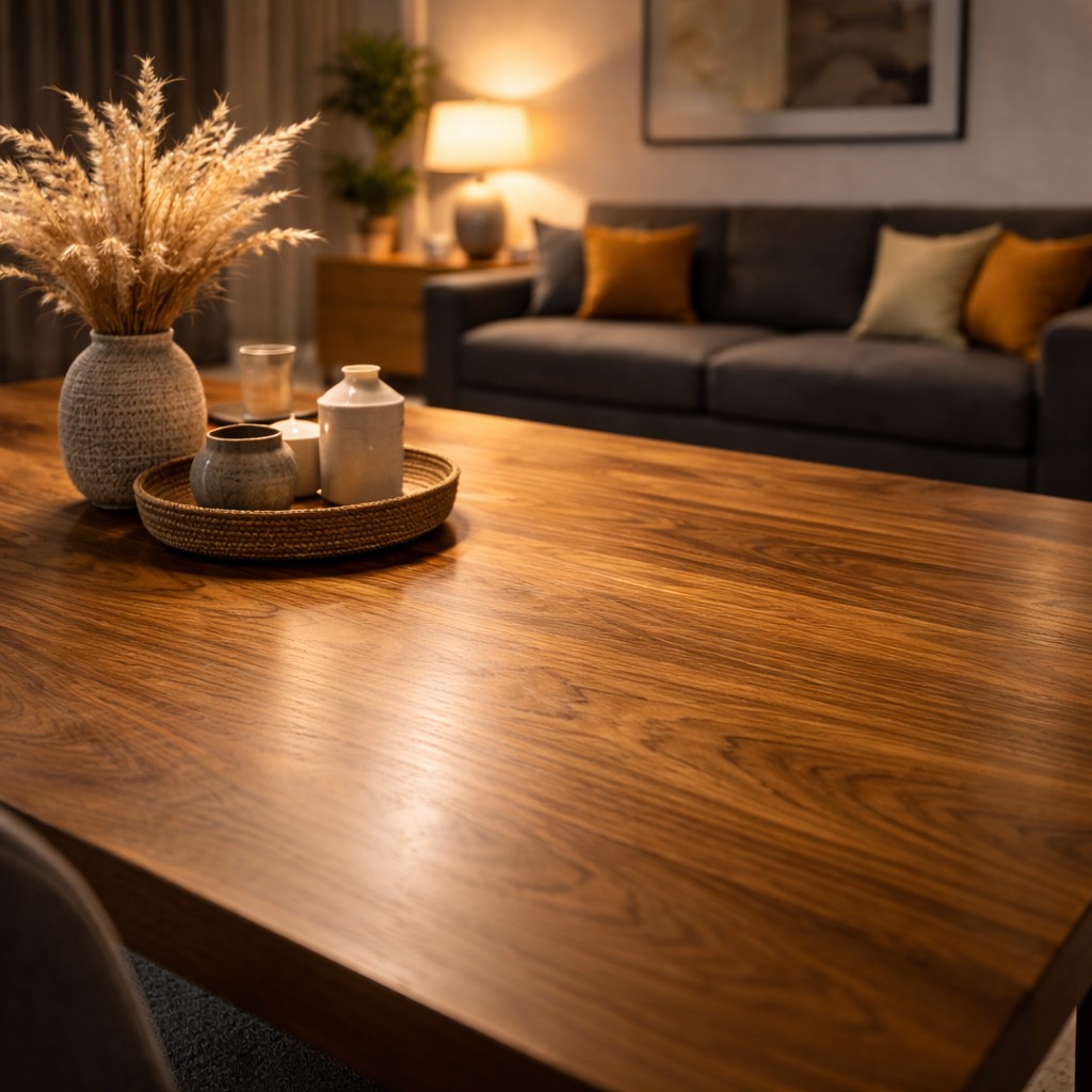 sıcak spot aydınlatma ile ahşap mobilyaların doğal dokusunu vurgulayan modern salon dekorasyonu