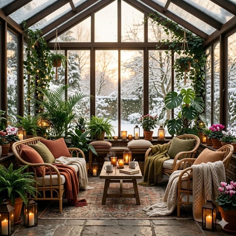 Büyük cam panelli kış bahçesinde rattan mobilyalar, yeşil bitkiler, mumlar ve sıcak örtülerle huzurlu ve davetkar kış atmosferi