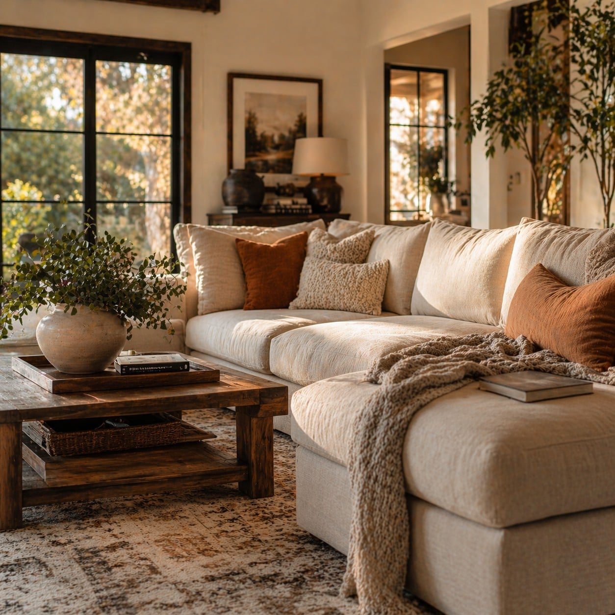 Uzun yıllar kullanılmış bakımlı ve şık bir kumaş koltuk takımı, sıcak ışıklı modern salon ortamında davetkar atmosfer