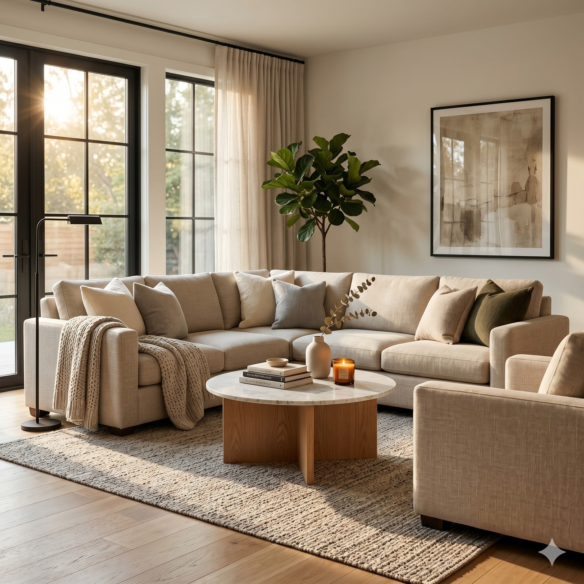Modern nötr tonlarda şık koltuk takımı, orta sehpa ve doğal ışıklı ferah salon, sofistike ve davetkar ev dekorasyonu atmosferi