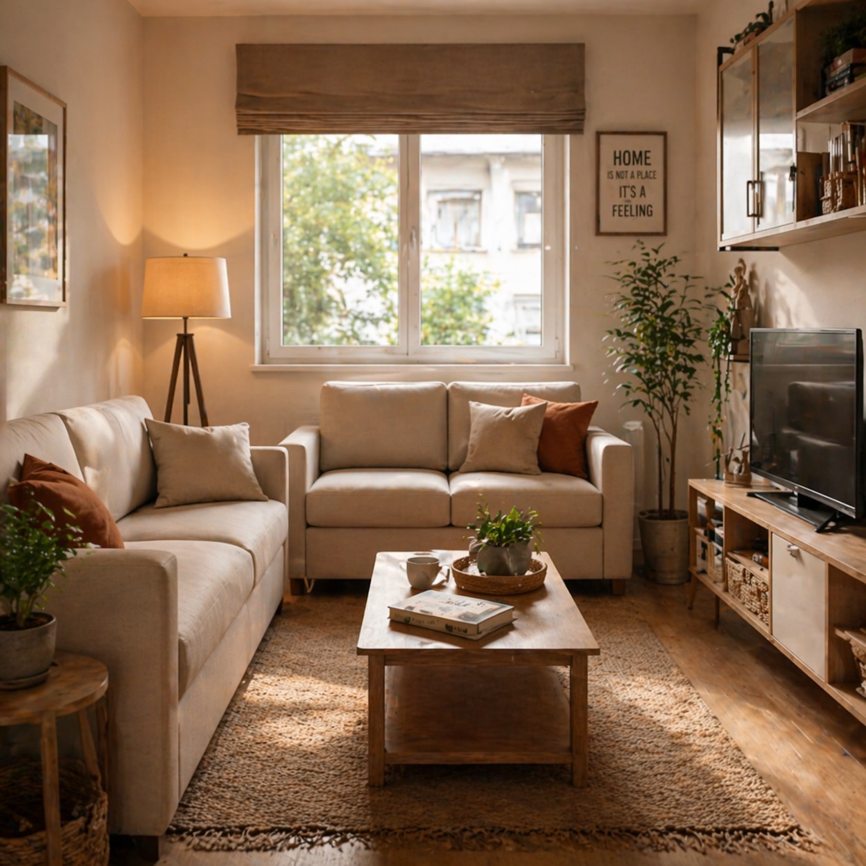 Küçük ve şık bir salonda minimal ölçülü ikili koltuk takımı yerleşimi, doğal ışıklı modern daire atmosferi