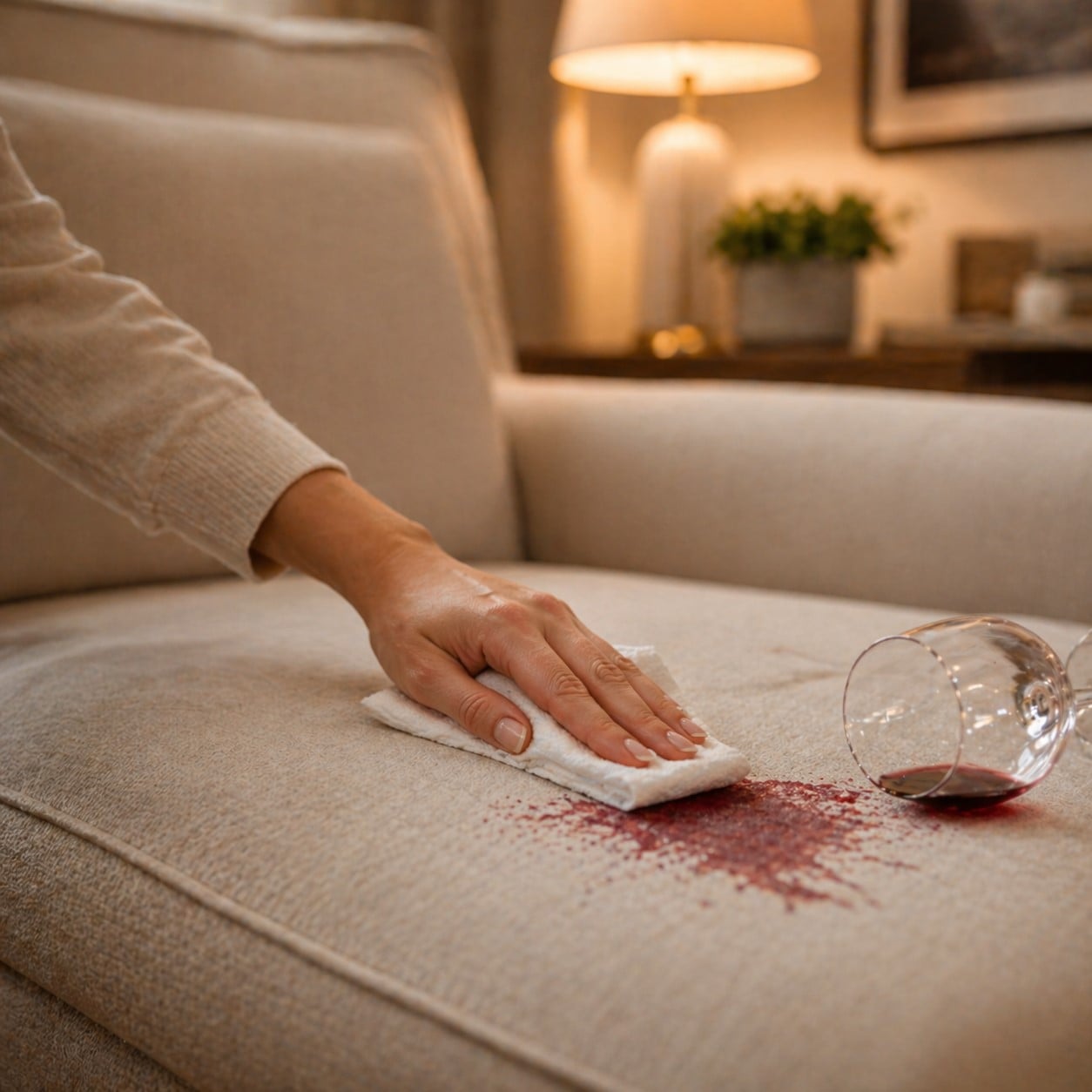 Kumaş koltuk üzerindeki kırmızı şarap lekesinin beyaz bezle nazikçe temizlenmesi, sıcak ışıklı salon ortamı