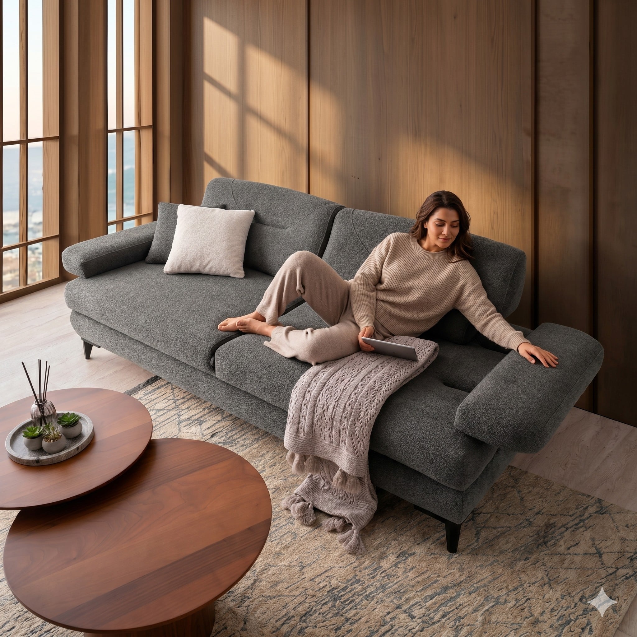 Geniş açılır kollu modern kumaş koltuk takımı, rahat ve yayılmış oturum pozisyonunda salon kullanımı, sıcak ışıklı çağdaş ev atmosferi