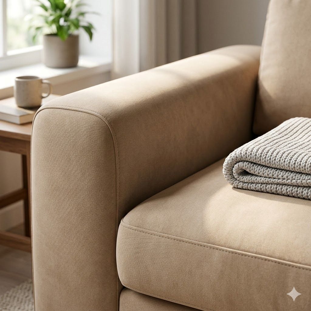 Sıcak nötr tonlarda şık mikrofiber kumaş koltuk yakın çekim, ultra ince tekstil dokusu yumuşak doğal ışık altında, pürüzsüz ve dayanıklı mikrofiber kumaş kalitesini vurgulayan modern salon atmosferi