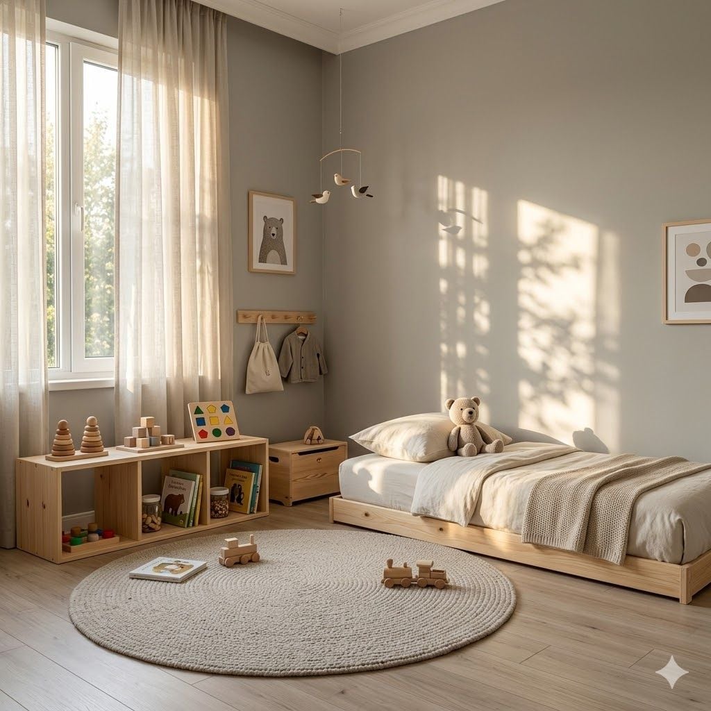 Alçak ahşap çerçeveli Montessori yatak, yumuşak nötr tonlar, düşük raflarda düzenli oyuncaklar ve doğal ışıklı sade çocuk odası, bağımsızlığı destekleyen sıcak atmosfer