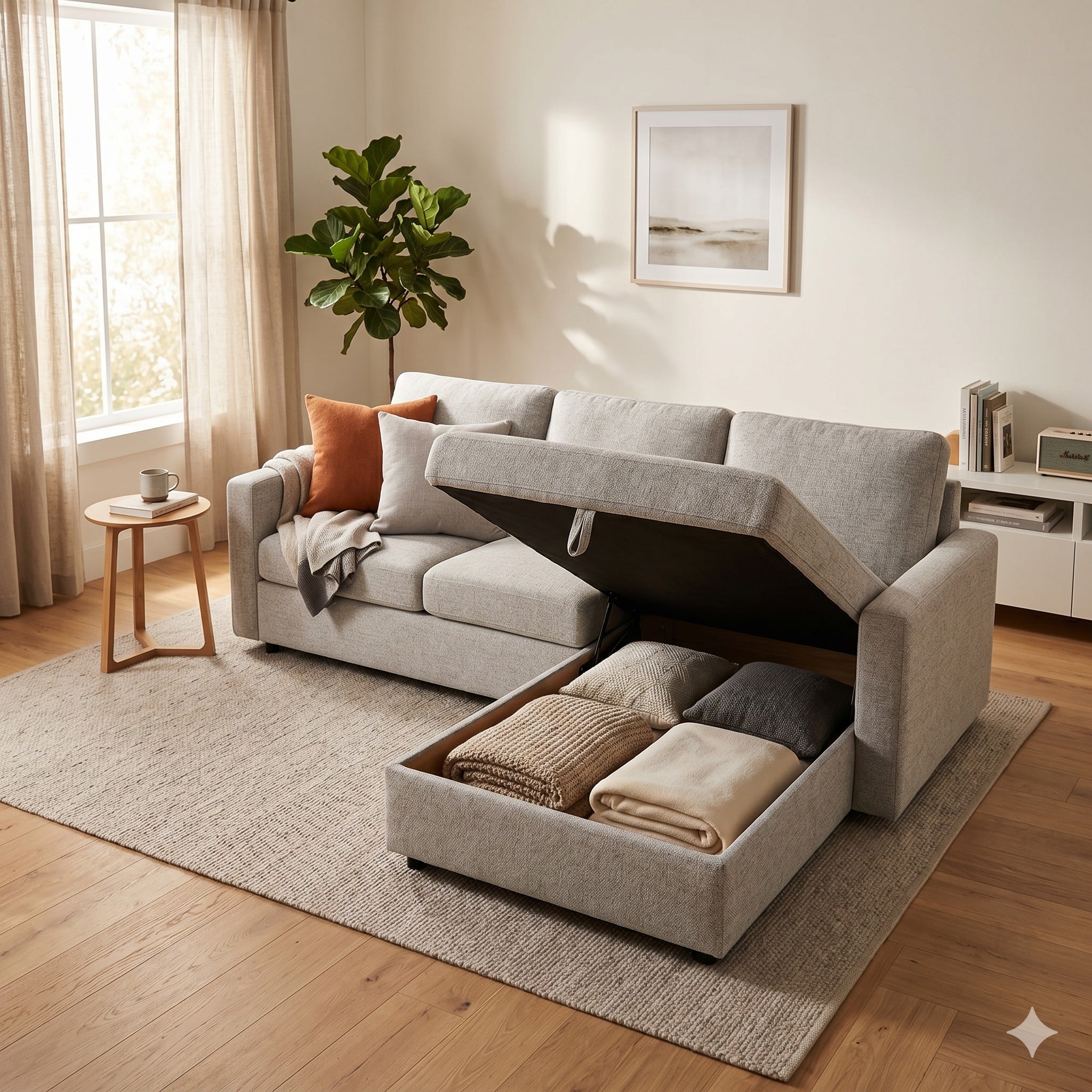 Modern kumaş koltuk takımının sandık bölmesi açık, içinde düzenli battaniye ve yastıklar, sıcak ışıklı şık salon ortamında pratik depolama çözümü