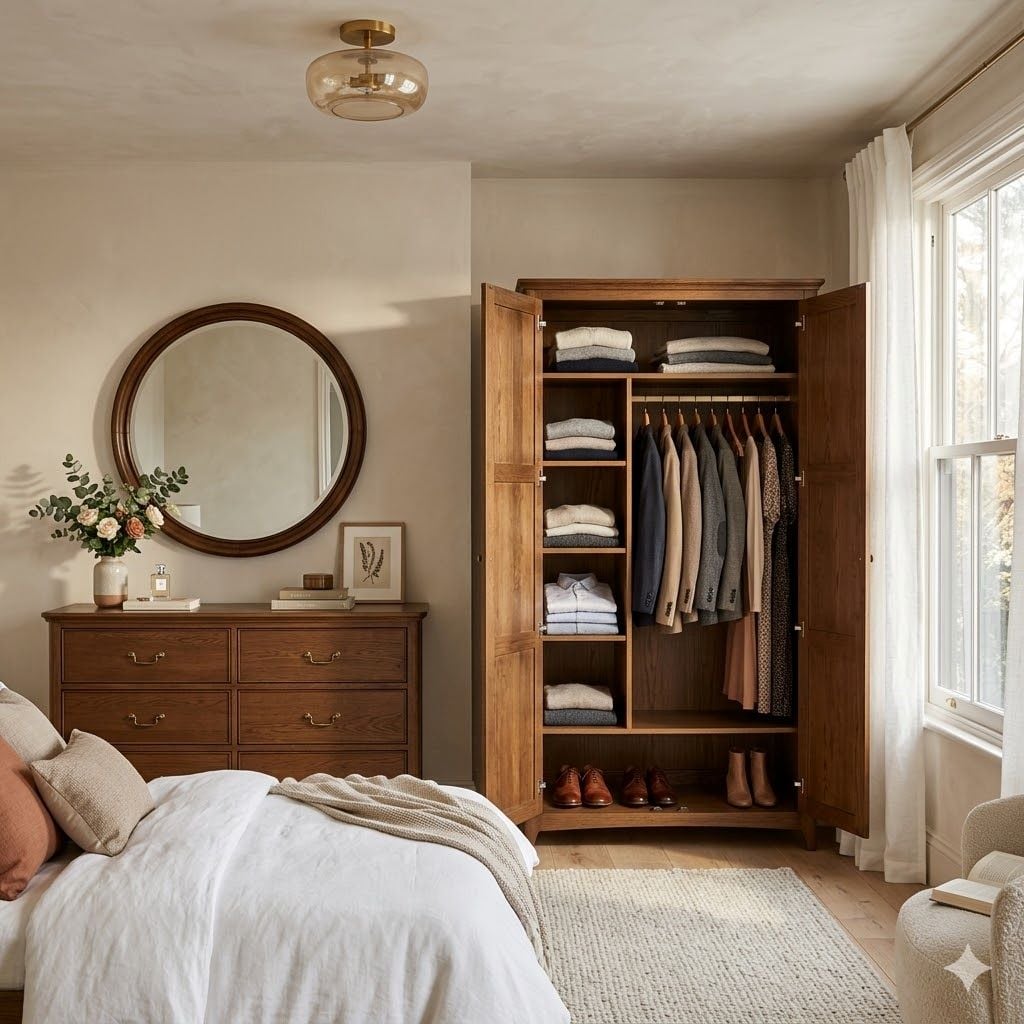 Bir tarafta çekmeceli klasik ahşap şifonyer diğer tarafta düzenli iç görünümlü zarif dolap, sıcak doğal ışıklı sofistike yatak odası atmosferi