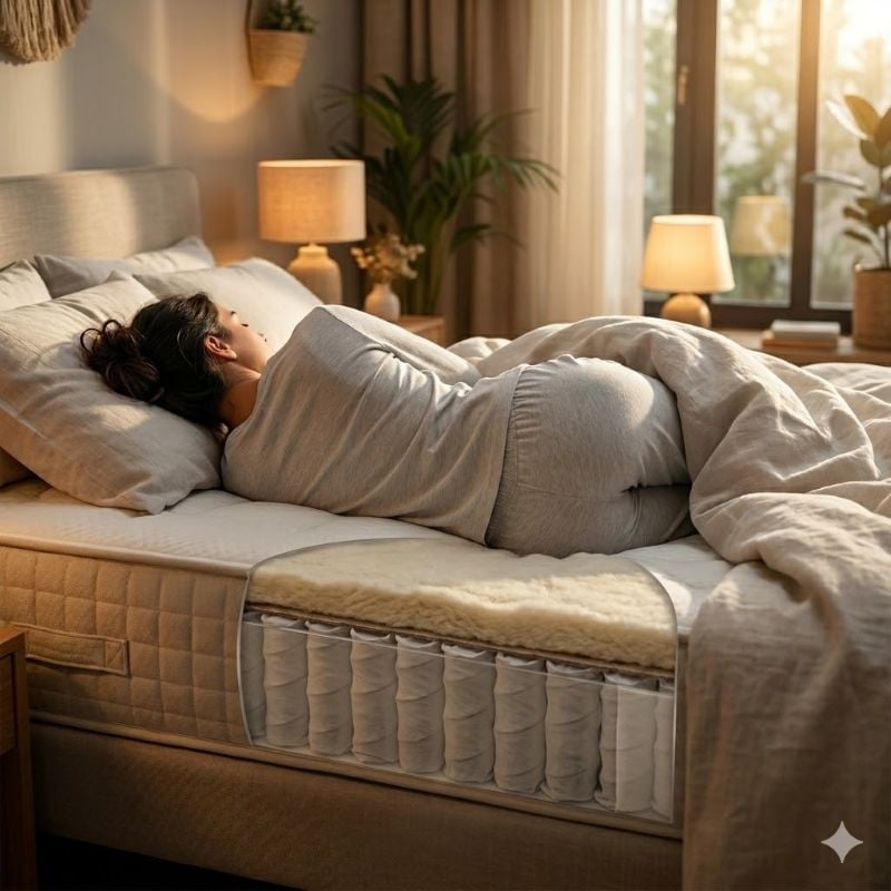 Premium paket yaylı yatakta doğru omurga hizasıyla huzurla uyuyan kişi, ortopedik destek konsepti, sıcak ışıklı dinlendirici yatak odası atmosferi