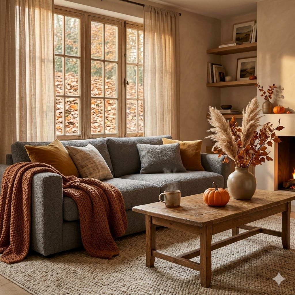 Terracotta minderler ve kalın örgü battaniyeyle sonbahar atmosferi yaratılmış gri bukle koltuk takımlı sıcak salon dekorasyonu