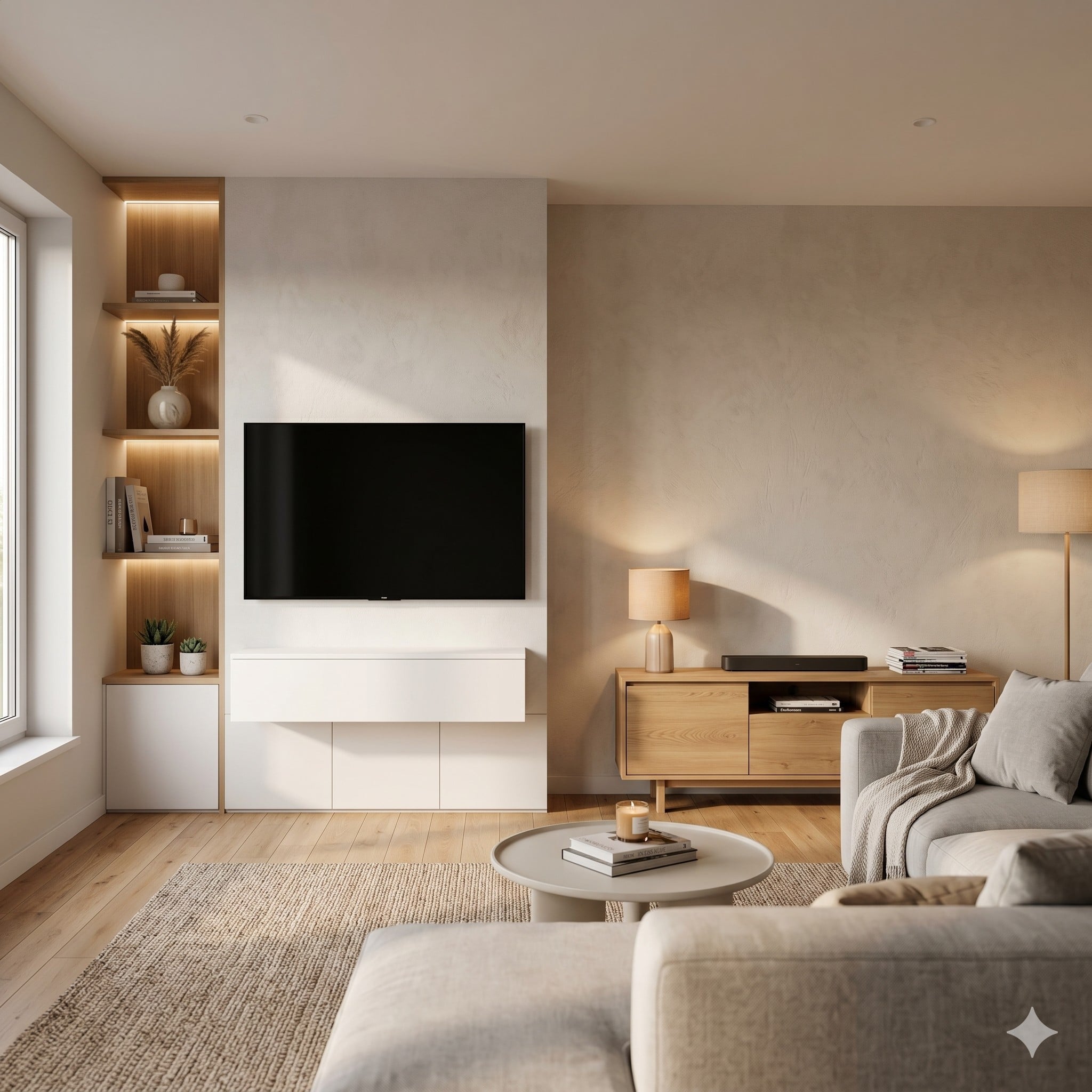 Modern salonda bir tarafta geniş raflı TV ünitesi diğer tarafta kompakt TV sehpası karşılaştırması, sıcak aydınlatmalı çağdaş iç mekan tasarımı