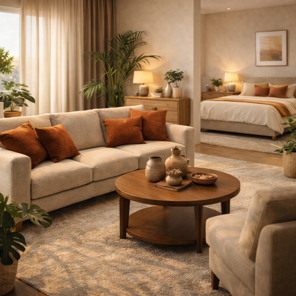 toprak ve kiremit tonlarında ahşap detaylı sıcak akdeniz stili modern ev dekorasyonu