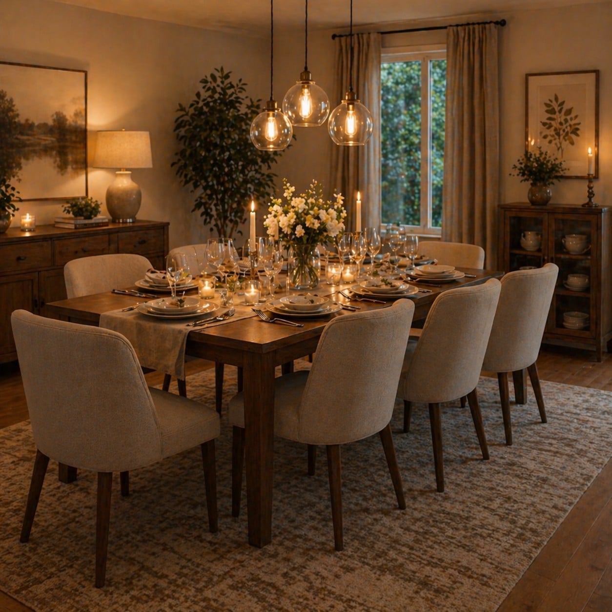 Ahşap yemek masası ve döşemeli sandalyelerden oluşan şık bir yemek odası takımı, sıcak sarkıt aydınlatma ve sofra düzeniyle davetkar bir atmosfer
