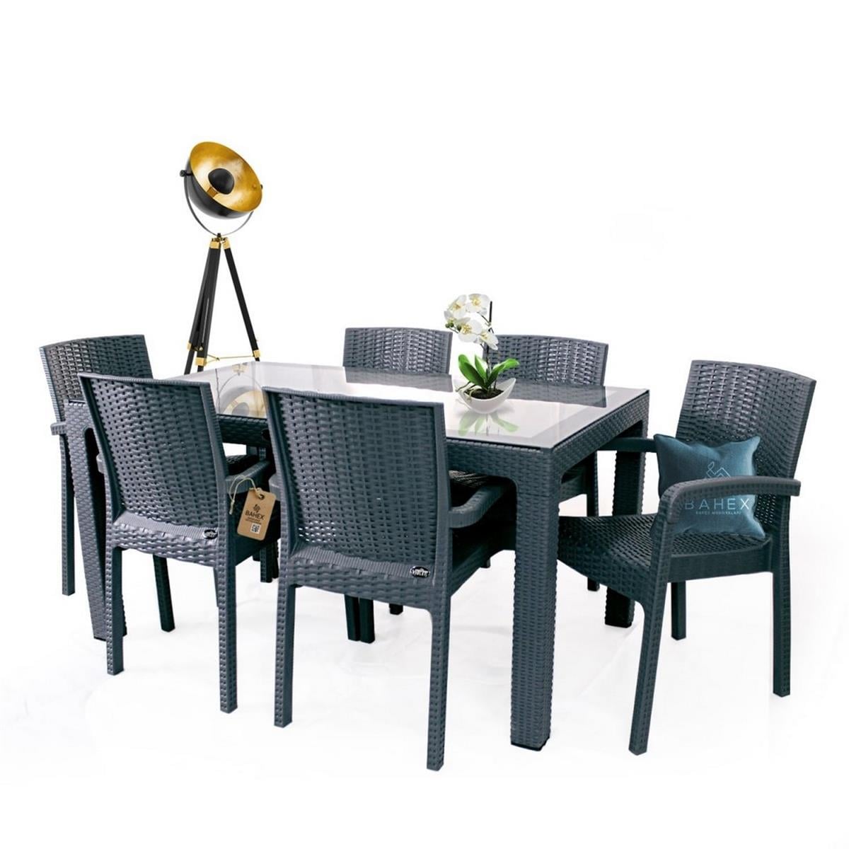Hilton 6lı Rattan Camlı Masa Takımı