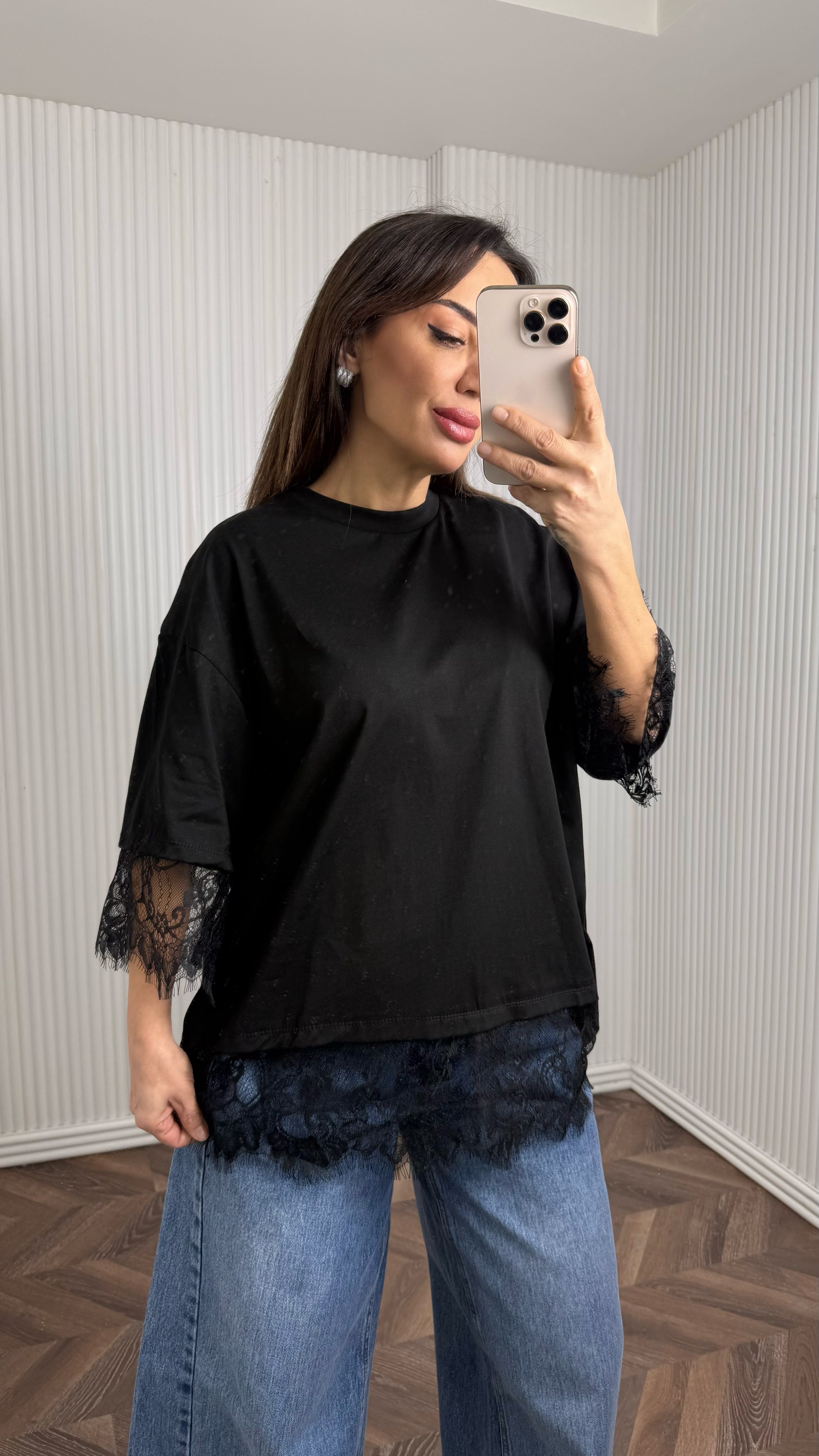 LOREA Siyah Sırtı Dantel Detaylı Tasarım Tshirt No Sıfır 8
