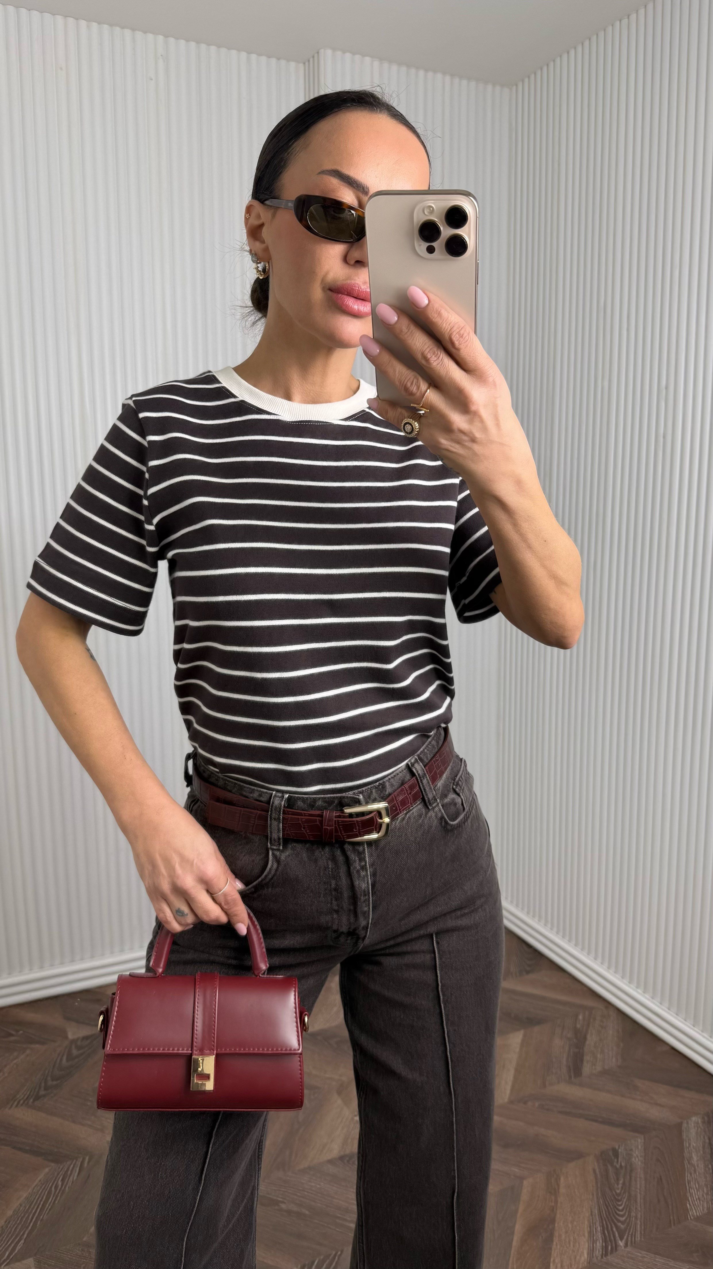 PREMA Kahve Beyaz Çizgili Basıc  Tshirt No Sıfır 8