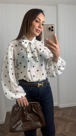 HARYY Beyaz Kahve Puantiyeli Şifon  Gömlek No Sıfır 8