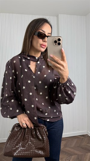 HARYY Kahve Beyaz Puantiyeli Şifon  Gömlek No Sıfır 8