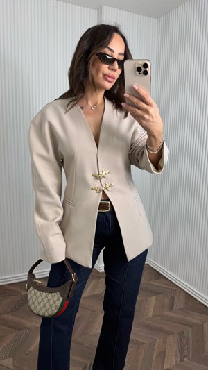 MOLENA Bej Oturtmalı Yakasız Blazer  Ceket No Sıfır 8