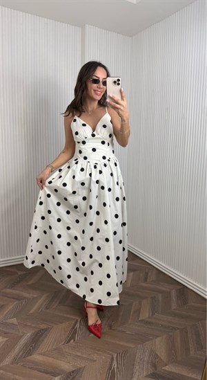 Patter Beyaz Puantiye Desenli Midi Boy Elbise No Sıfır 8