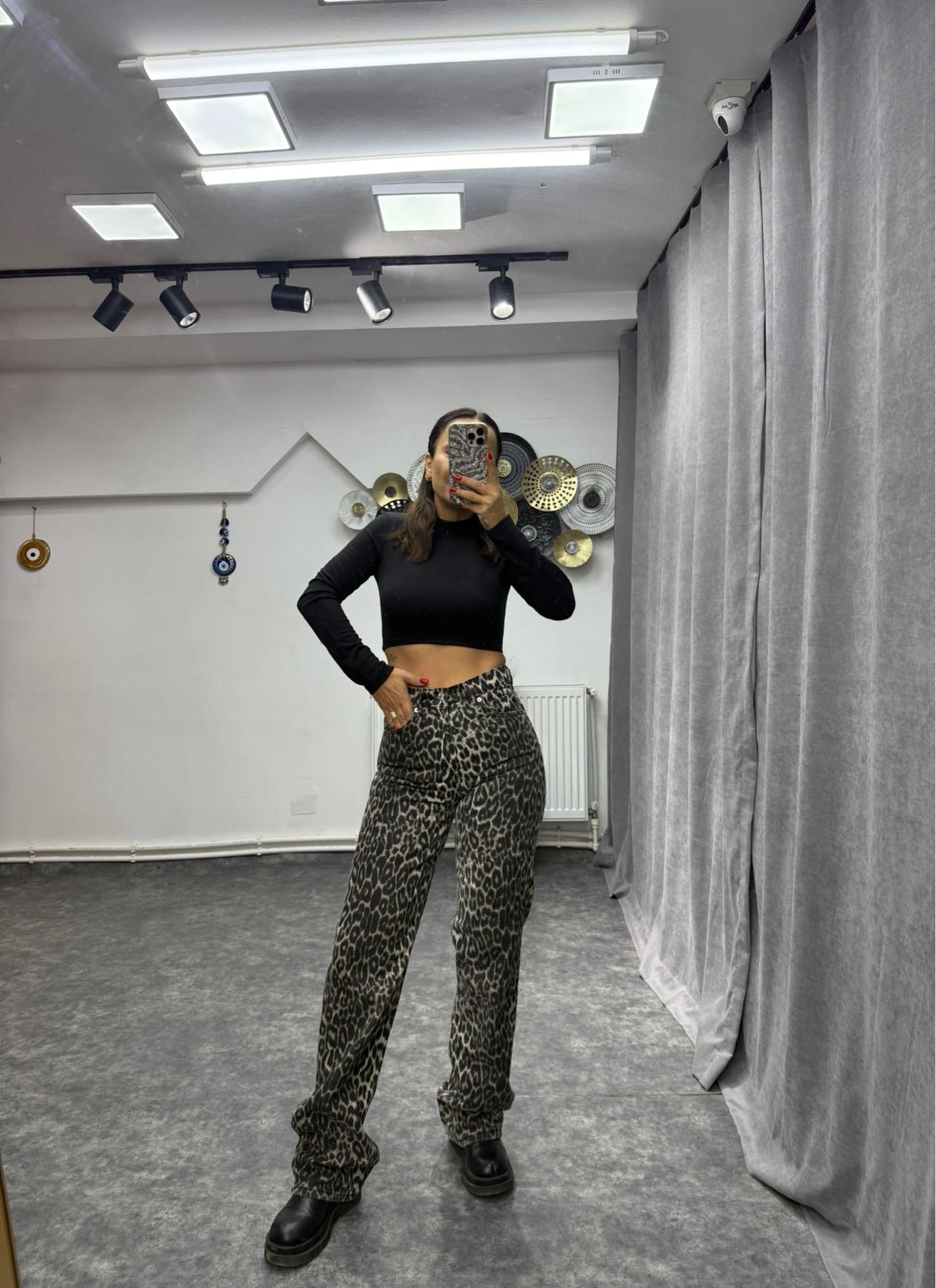 JİMMY Leopar Desenli Palazzo Jean Pantalon No Sıfır 8