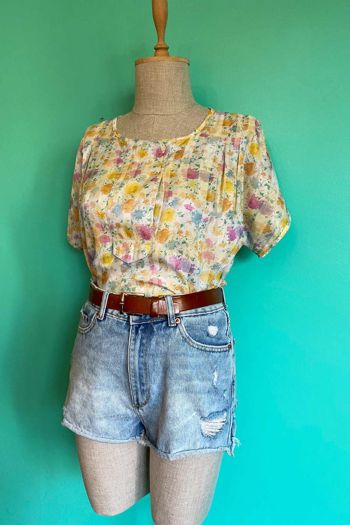 Vintage Bisiklet Yaka Çiçekli Bluz