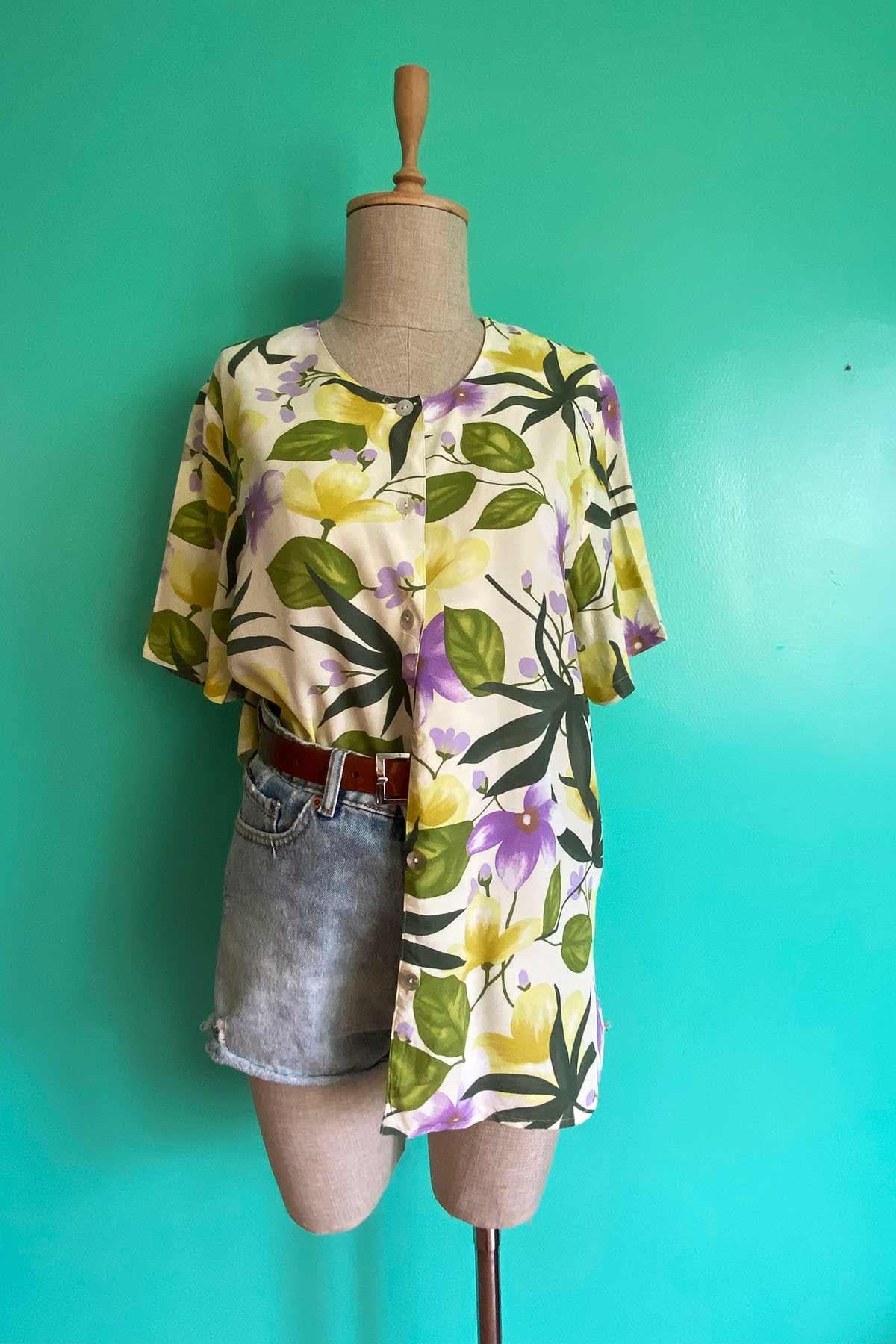 Vintage Bisiklet Yaka Çiçekli Gömlek