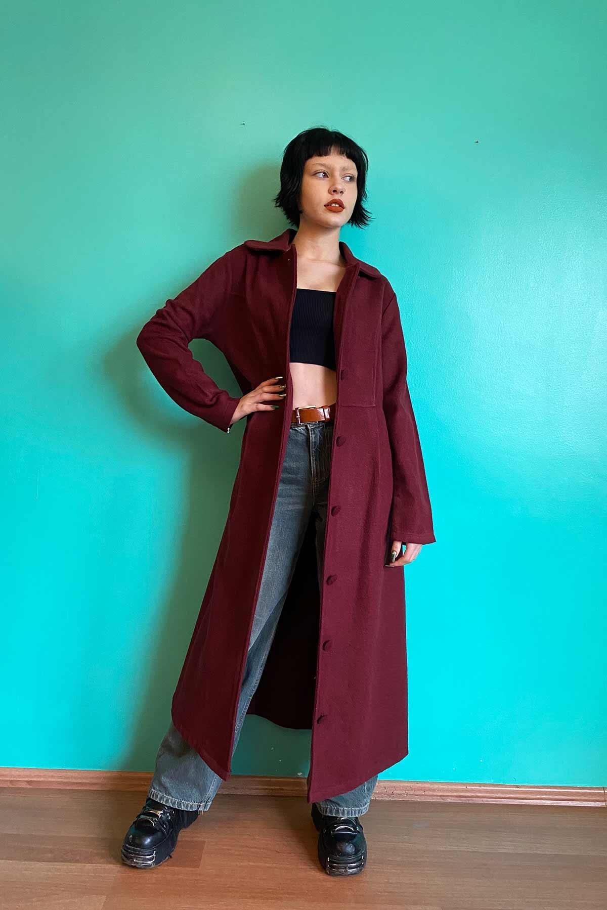 Vintage Bordo Yün Kaşe Palto