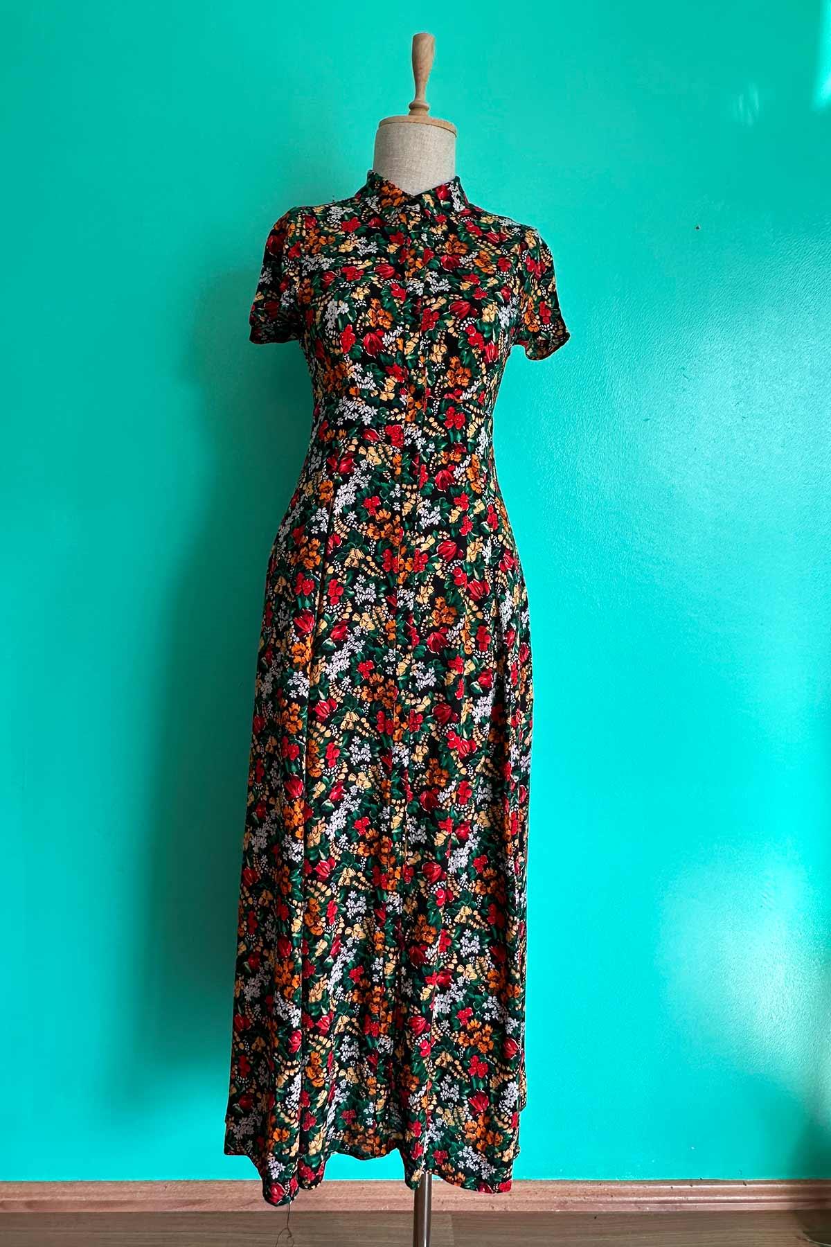Vintage Çiçekli Viskon Uzun Elbise