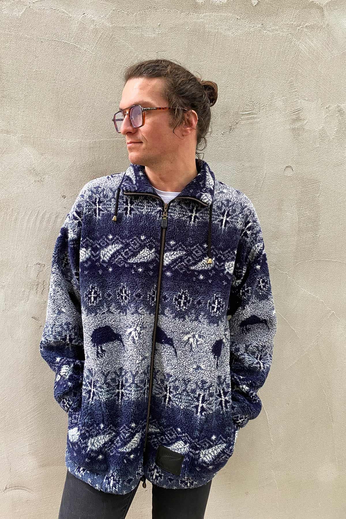 Vintage Desenli Fermuarlı Polar Mont